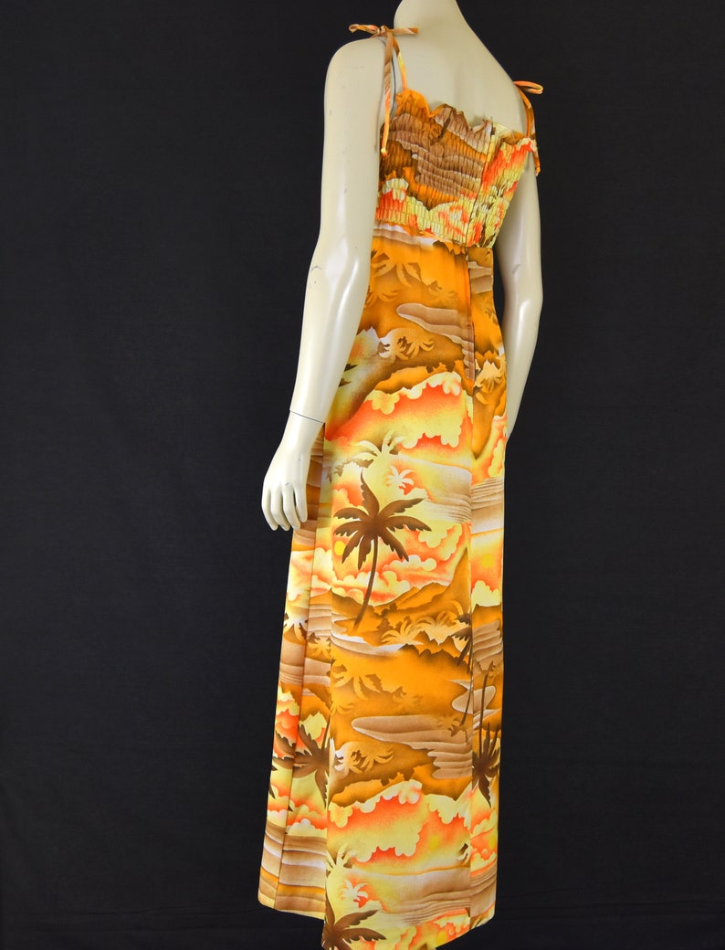 Yellow Shirred Bodice Made in Hawaii Orange Size Medium Summer Maxi Dress Brown Sundress 70s Hawaiian Dress