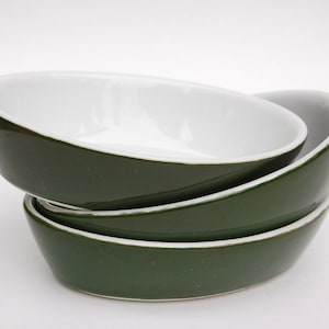 3 Small Oval Baking Dishes |  Dark Green Pottery | Restaurant Hotel Ware | Au Gratin Condiment  Soap | Made in Japan