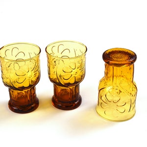 3 Retro Amber Juice Glasses | Country Garden by Libby | Textured, Flower Power in Relief | 70s Glassware