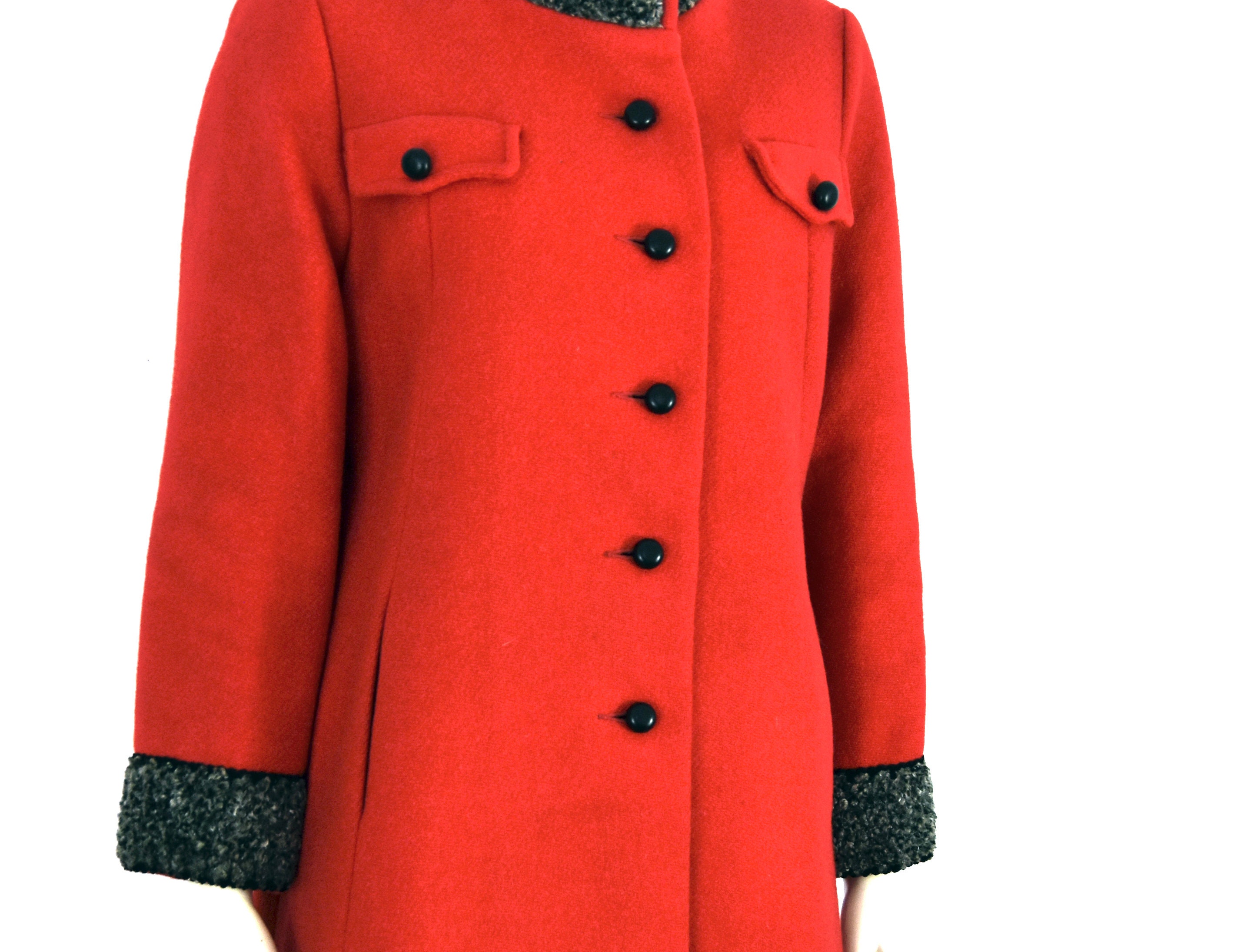 60s Red Wool Winter Coat Shearling Trim Knee Length A Etsy