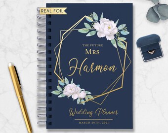 Floral Wedding Planner Book, Bridal Shower Gift for Bride, Engagement Gift for her, Bridal Planner, Wedding Organizer, Navy, Gold