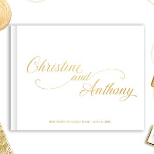 Echte goudfolie gastenboek bruiloft landschap horizontale goudfolie aangepast gastenboek moderne bruiloft script bruiloft elegante script kleur keuzes
