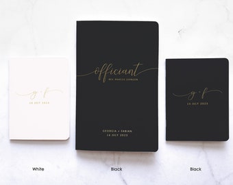 Complete Set of 2 Wedding Vow Booklets + 1 Officiant Book, Personalized,  white/black vow booklets + black officiant book design5