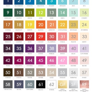 May include: A color chart with a variety of hues, from navy to white, and including faux glitter and wood options. The text "Customize your colors" is at the top, with a note about color matching.