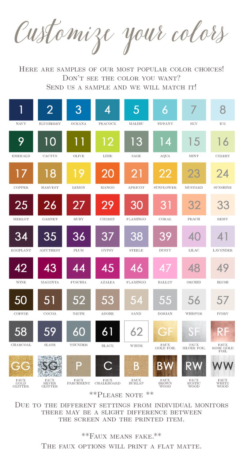 May include: A color chart with a variety of hues, from navy to white, and including faux glitter and wood options. The text "Customize your colors" is at the top, with a note about color matching.