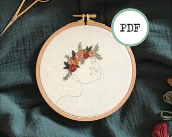 Floral portrait, PDF TUTORIAL, embroidery, guide, drawing