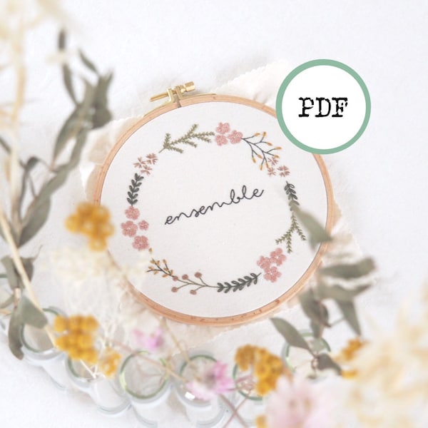 Défi #broderiegreenpm, TUTORIEL PDF, broderie, couronne de fleurs, guide, dessin