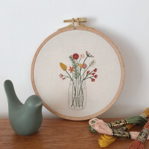 KIT, BRODERIE, fleurs, de, printemps