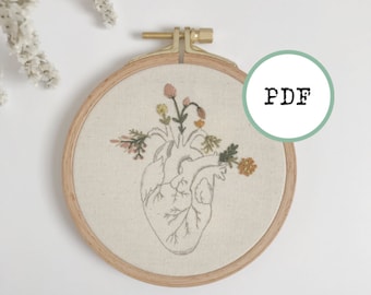 Heart and flowers, PDF TUTORIAL, embroidery, guide, drawing