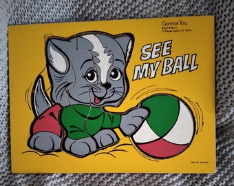 Kitty, See My Ball - vintage wooden board puzzle