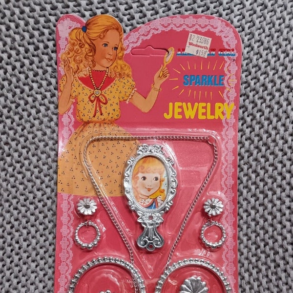 MOC Vintage 1970's Sparkle Jewelry - Little girls' play jewelry set - earrings, bracelets, rings, locket, and mirror