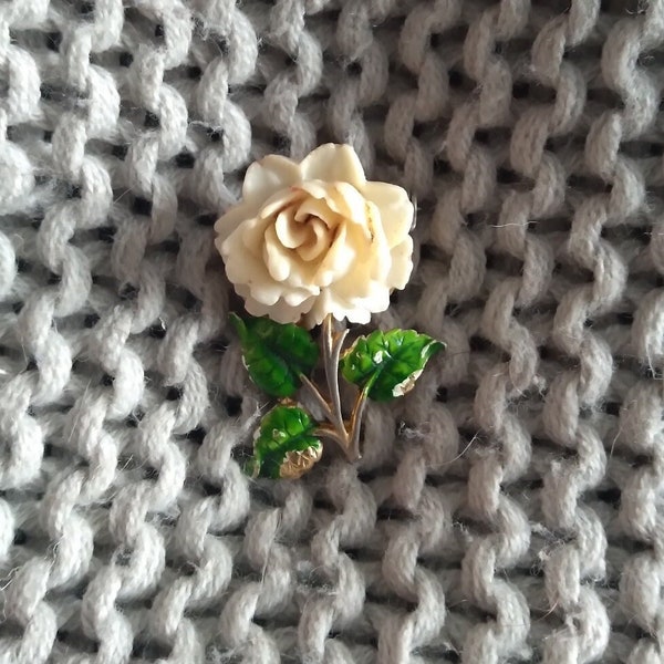 Vintage White rose carved faux ivory brooch pin with green enamel leaves c. 1960's Jonette Jewelry Co
