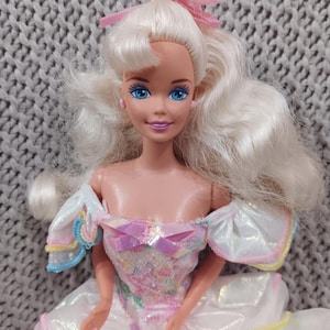 Vintage Happy Birthday Barbie in her original stock iridescent gown c. 1995 Mattel