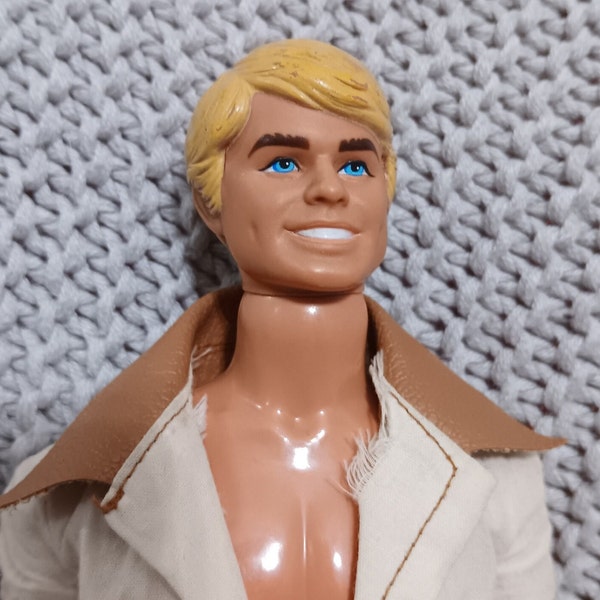 Vintage Disco Era Superstar Ken wearing a pleather collar one piece worker's jumpsuit and loafers c. 1977 Mattel