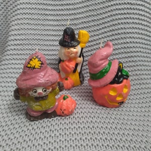 Trio of Vintage 1970&#39;s figural Halloween candles - black cat in a jack-o-lantern, witch, and scarecrow