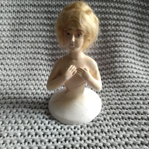 Art Deco style Antique chalkware boudoir half doll with blonde mohair wig