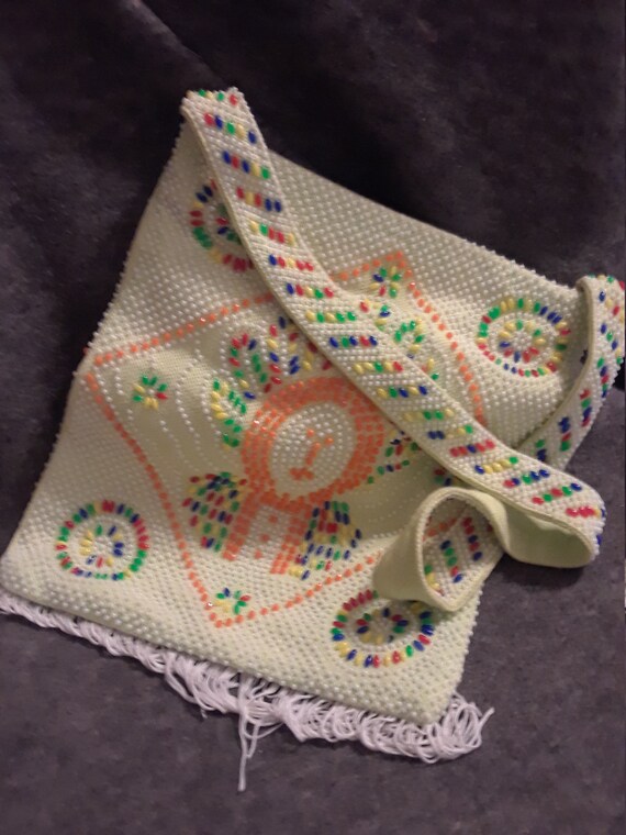 VGC Vintage day glo yellow beaded hippie purse wit