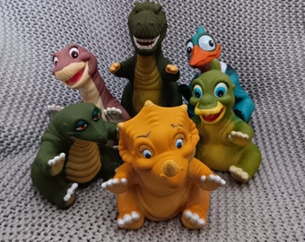 Vintage Land vor unserer Zeit Pizza Hut Promo Komplettes Vinyl Handpuppenset von 6, Ducky, Cera, Spike, Sharp Tooth, Little Foot, Petrie c. 1988