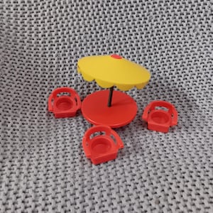 Vintage 1970&#39;s Fisher Price Little People Camper Set Umbrella Table with 3 matching Chairs