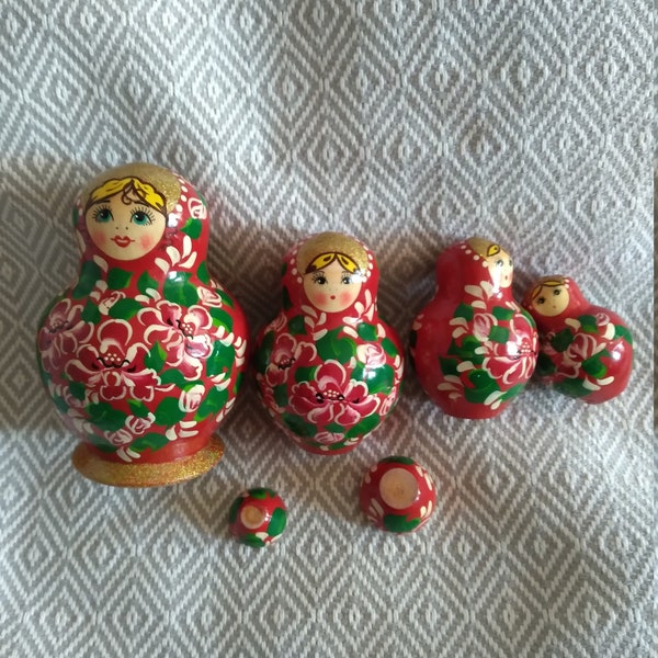 Fancy Wooden Matryoshka Russian Style Nesting dolls - red and gold glitter with floral design