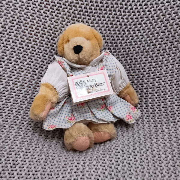 Tagged Vintage Muffy Vander Bear "High Tea" articulated Bear wearing original blue gingham and floral print pinafore dress