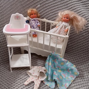 Vintage 1987 Mattel Heart Family Nursery Set: Crib, High Chair, Dolls & Outfit