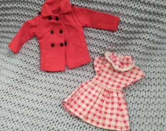 Vintage Skipper sized red gingham dress with black buttoned red overcoat
