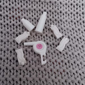 Vintage 1980s Barbie Hair Accessories Lot: White Barrettes, Bottles, Hair Dryer
