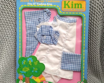 NRFP Vintage Kim - Jeans and Things Fashions blue and white gingham top, pants, and purse fits 15" Fashion Kim c. 1978 Shindana