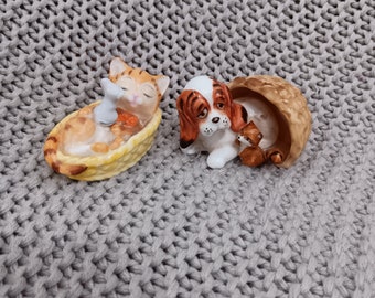 Napcoware Bone China Animal Figurines: Bassett Hound & Cat in Baskets