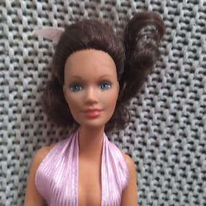 Vintage Brunette Darci Cover Girl Fashion Doll in pink and silver bathing suit and lace wrap around skirt  c. 1979 Kenner
