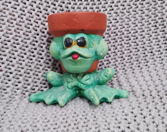 Unique Hand Painted Anthropomorphic Cartoon Frog morphed into a 4" planter pot