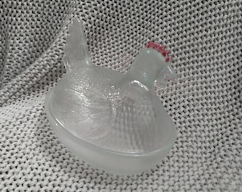 Vintage Hen on Nest 2 piece clear glass candy dish with red combs