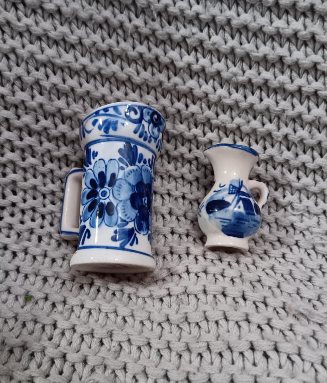 Pair of Vintage Holland Blue Delft Miniature Pitchers - Floral Motif ...