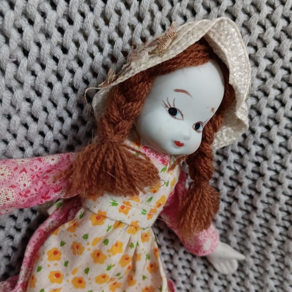 Cute Vintage 8" porcelain redheaded prairie style porcelain doll - Little House on the Prairie style