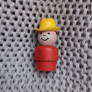 Vintage Fisher Price Little People Farm Boy: Red Wooden Toy with Yellow Hat