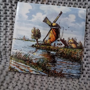 Vintage 1970s Dutch Delft Polychrome Pottery Tile w/Hand Painted Windmill Design