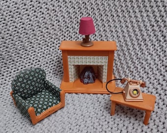 Conjunto de sala de estar de lujo vintage de Sylvanian Families: chimenea, silla y teléfono