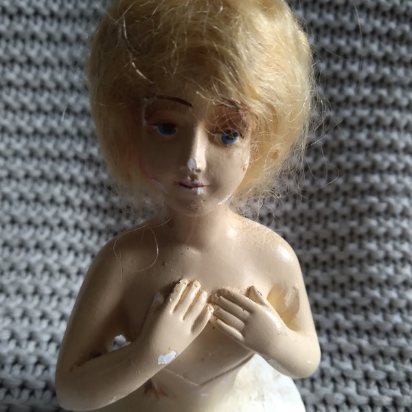 Art Deco style Antique chalkware boudoir half doll with blonde mohair wig