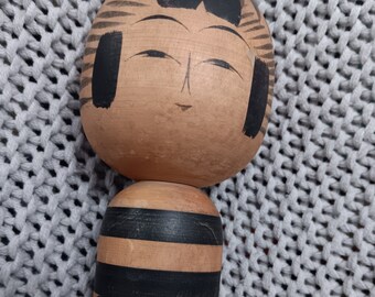 All wooden Mid-Century vintage 8" tall handmade monochromatic traditional Japanese Kokeshi doll