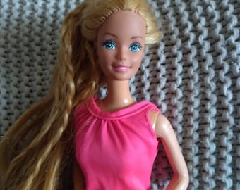 Vintage 1982 Twirly Curls Barbie: Hot Pink Ruffled Dress, Beauty Chair & Hair Tool