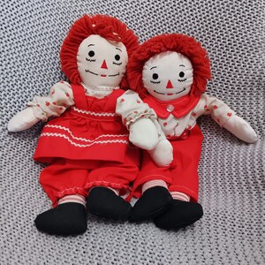 Set of vintage Handmade Raggedy Ann and Andy 14&quot; tall rag dolls in red and white outfits