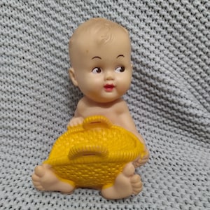 Vintage Mid Century Bonneytex Rubber Baby Squeak toy Yellow Basket Bottle Holder c. 1956