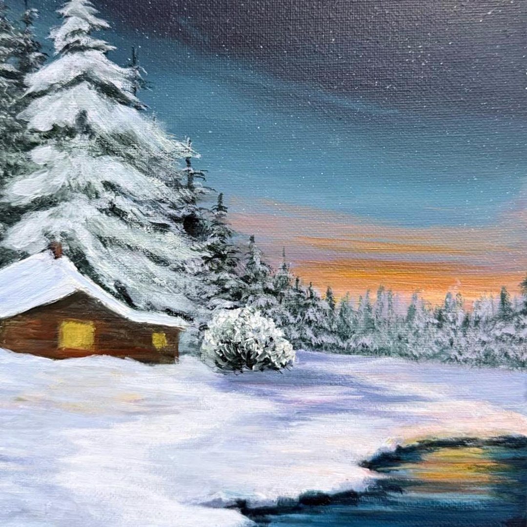 Original Winter Cabin Acrylic Painting, Snowy Landscape Art (8x10) - Etsy