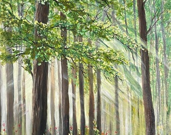 Original Forest landscape Painting, Sunlight Through Trees, 18x24"