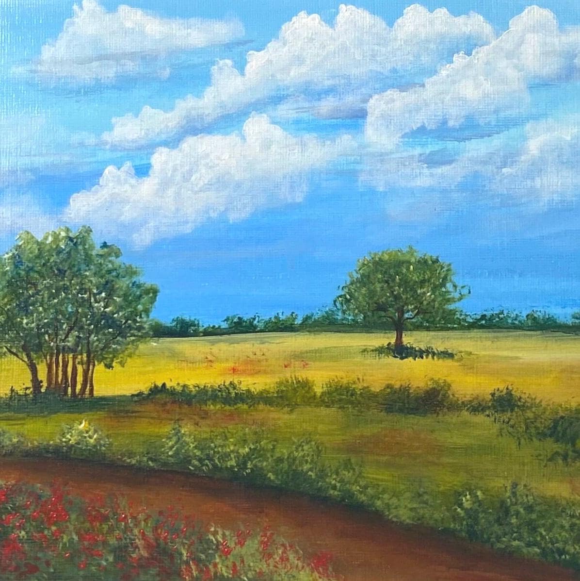 Serenity Acrylic Painting Summer Meadow Trees, Blue Sky Canvas Wall Art
