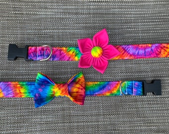 Tie Dye Dog Collar - Bow Tie Collar - Personalized Dog Collar - Unisex Dog Collar - Flower Dog Collar - 70s Dog Collar