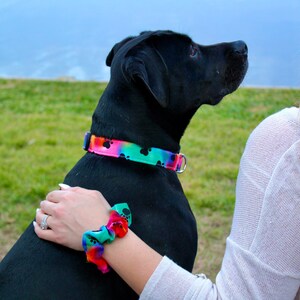 May include: A dog collar and a matching scrunchie featuring a vibrant rainbow tie-dye pattern with black paw print motifs. The collar includes a black plastic buckle and a silver metal D-ring, while the scrunchie is made of gathered fabric.