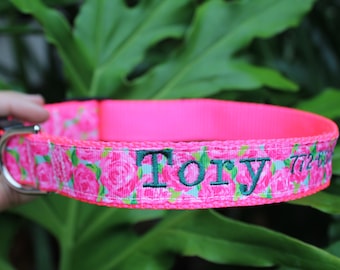 Hot Pink Floral Dog Collar Spring Summer Girly Dog Collar Personalized with Name Custom Embroidery Designer Flower Pet Collar