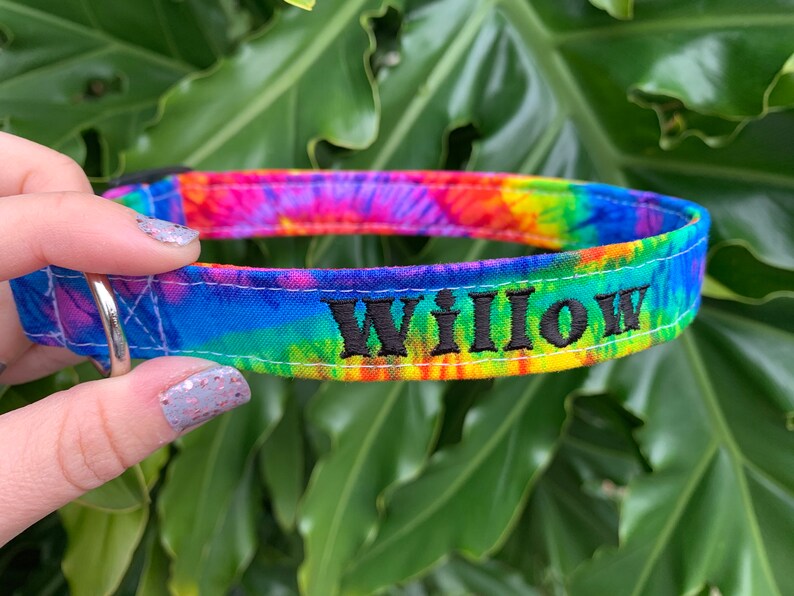 May include: A colorful dog collar with a tie-dye pattern in shades of blue, purple, yellow, and red. The name "Willow" is embroidered in black thread. The collar has a silver metal loop for attaching a leash.